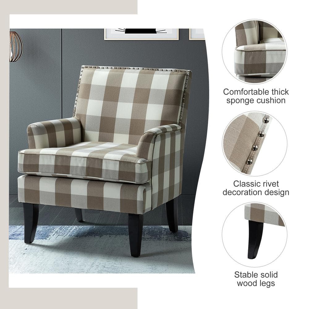 Plaid Beige Upholstered Accent Chair with Nailhead Trim