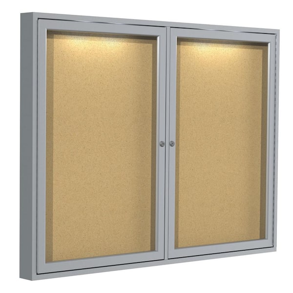 ghent 3 x 4 ft. Cork Enclosed Bulletin Board w/Lighting, 2 Door, Satin Aluminum Frame, Natural