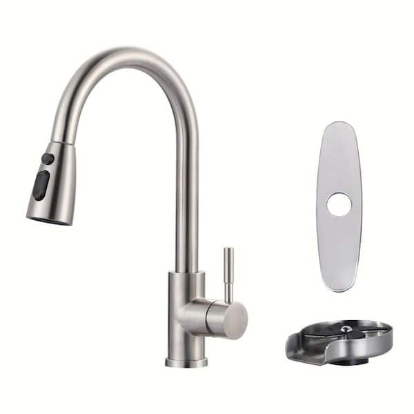 Stainless Steel Single Handle Pull Down Sprayer Kitchen Faucet with 3-Modes Sprayer and Glass Rinser in Brushed Nickel
