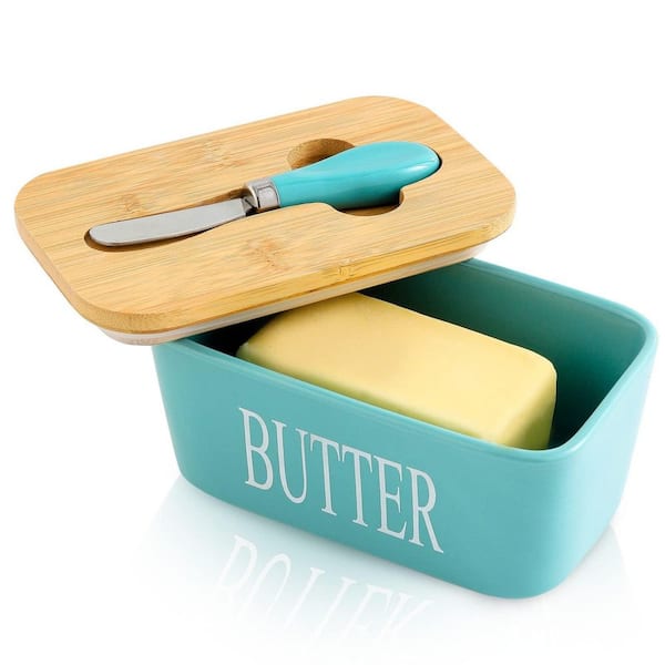 16 oz. Ceramic Butter Dish with Airtight Lid & Knife, White Butter Keeper Container with Silicone Sealing Ring, Green