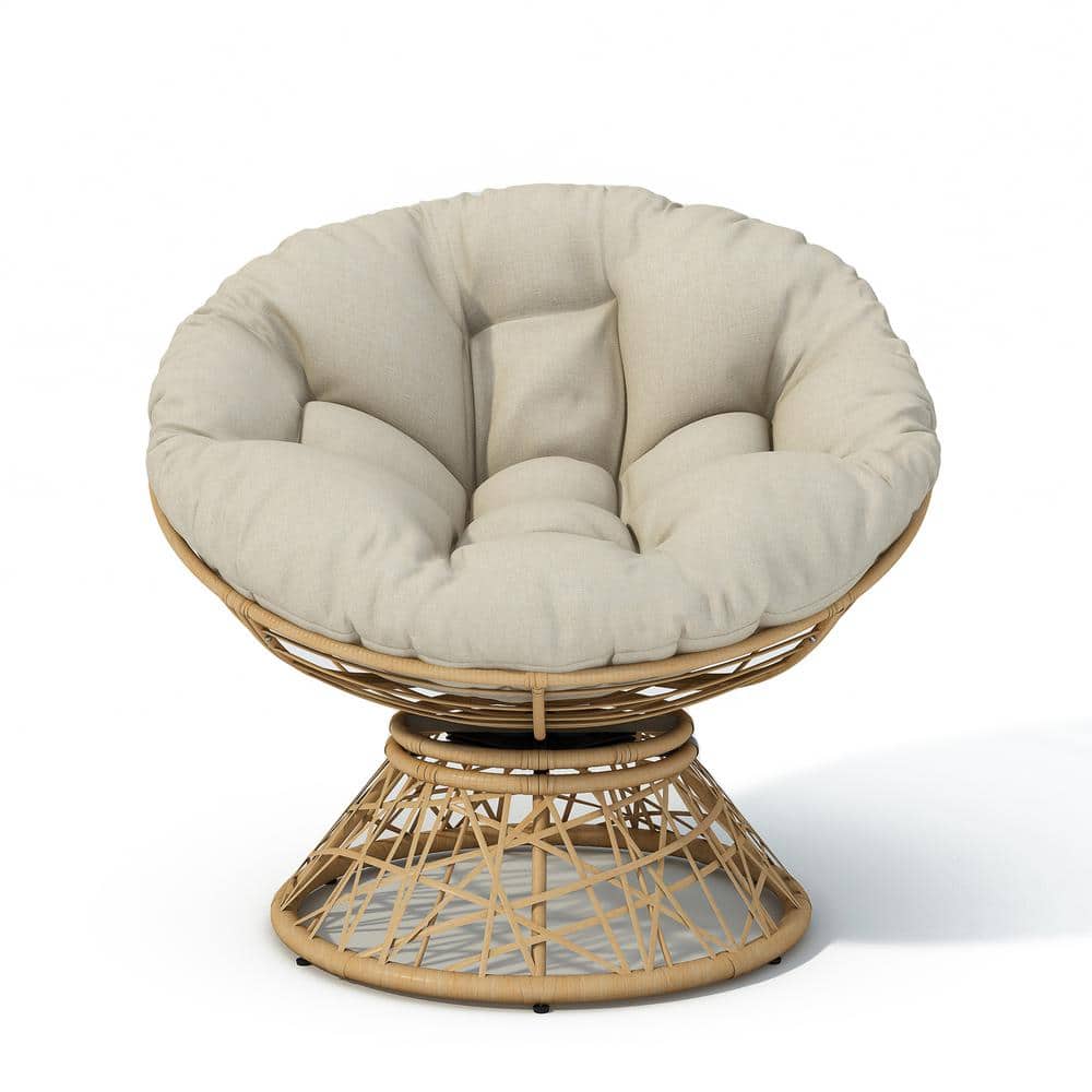 Wicker Outdoor Lounge Chair, Natural Base 360° Swivel Ergonomic Chair, wit