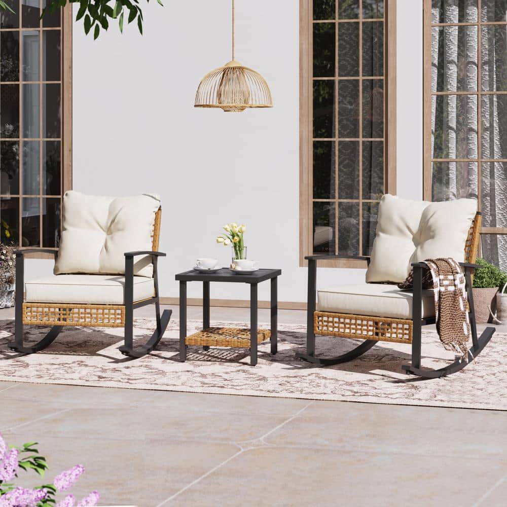 Beige Cushioned Steel Frame 3-Piece Patio Rocking Set