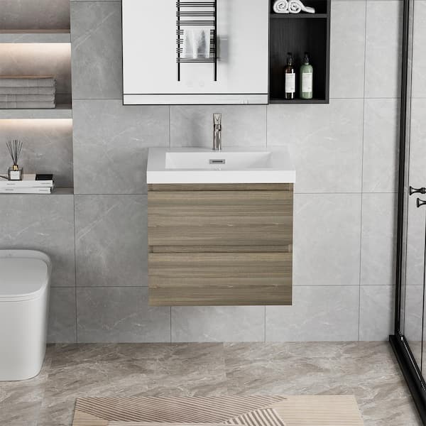 HBEZON Achilles 24 in. W x 20 in. D x 22.5 in. H Single Sink Floating Bath Vanity in Ash Grey with White Resin Top
