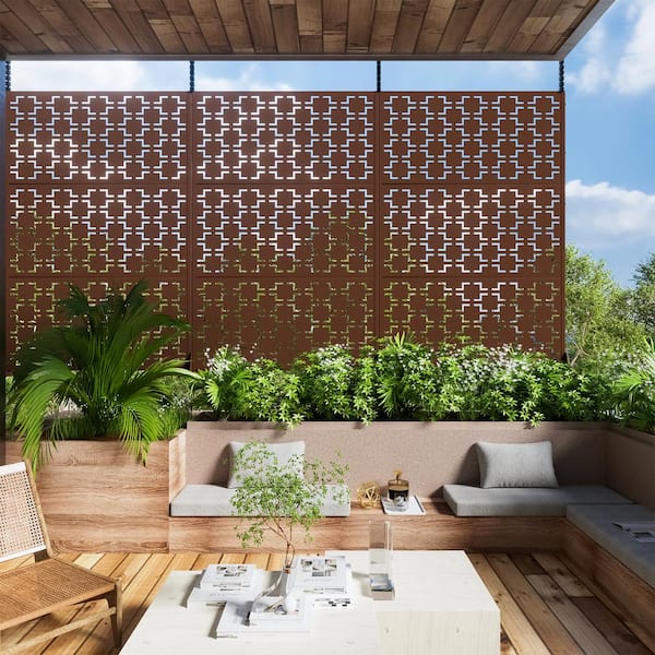 Dovelina 72 in. Galvanized Steel Outdoor Garden Fence Privacy Screen Garden Screen Panels Square Pattern in Brown