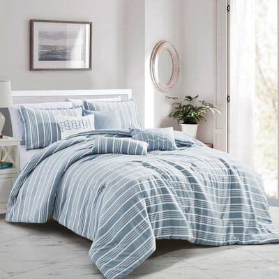 Luxurious 7PC Quilted Teal Quatrefoil  Striped Pleated Bedding Comforter Set New 