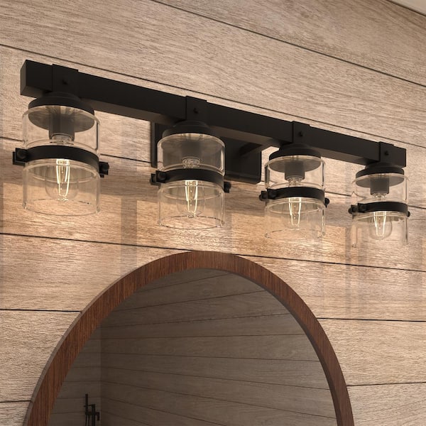 ExBrite Merrin 32.05 in. 4-Light Black Bathroom Vanity Light with Metal Decorative Shades