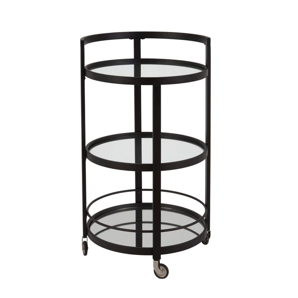 Bronze-Tinted Glass and Blackened Steel Round Bar Cart with Wine Rack