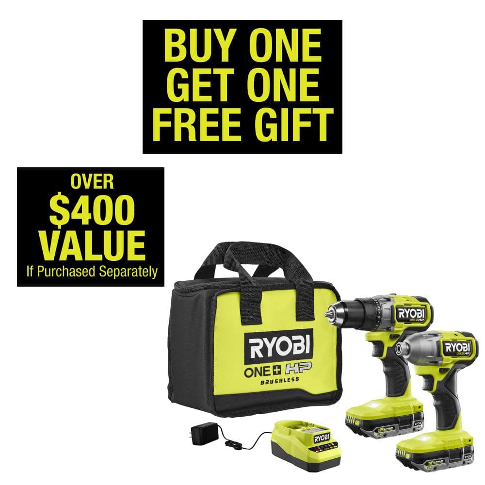 RYOBI ONE+ HP 18V Brushless Cordless 1/2 in. Drill/Driver and Impact Driver Kit w/(2) 2.0 Ah Batteries, Charger, and Bag PBLCK01K