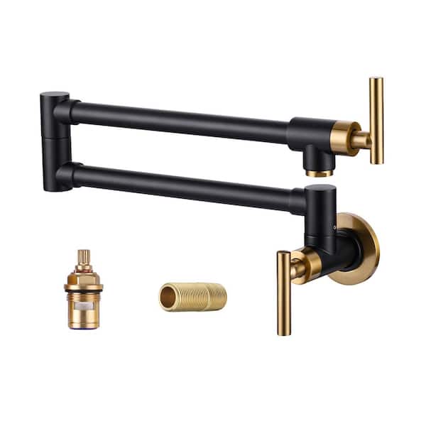 ARCORA Brass Double Handle Wall Mount Pot Filler in Gold & Black