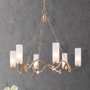 Modern Stain Gold Island Chandelier 6-Light Transitional Wagon Wheel Chandelier with White Frosted Glass Shades