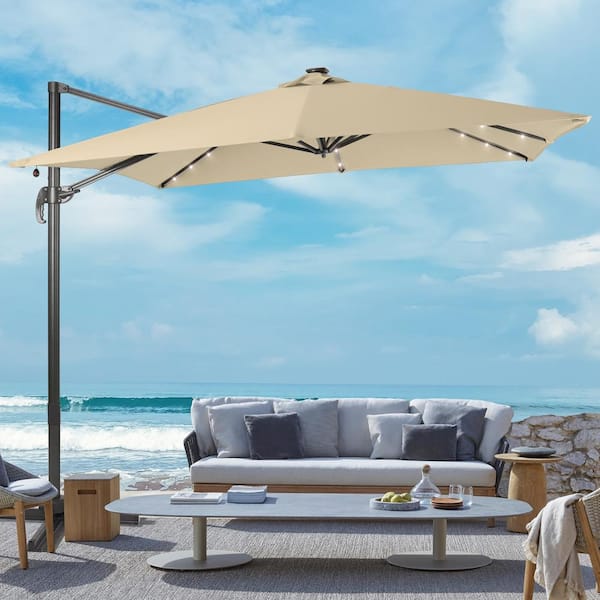Sonkuki 9FT Premium LED Cantilever Patio Umbrella - Outdoor Comfort with 360° Rotation and Canopy Angle Adjustment, Sand
