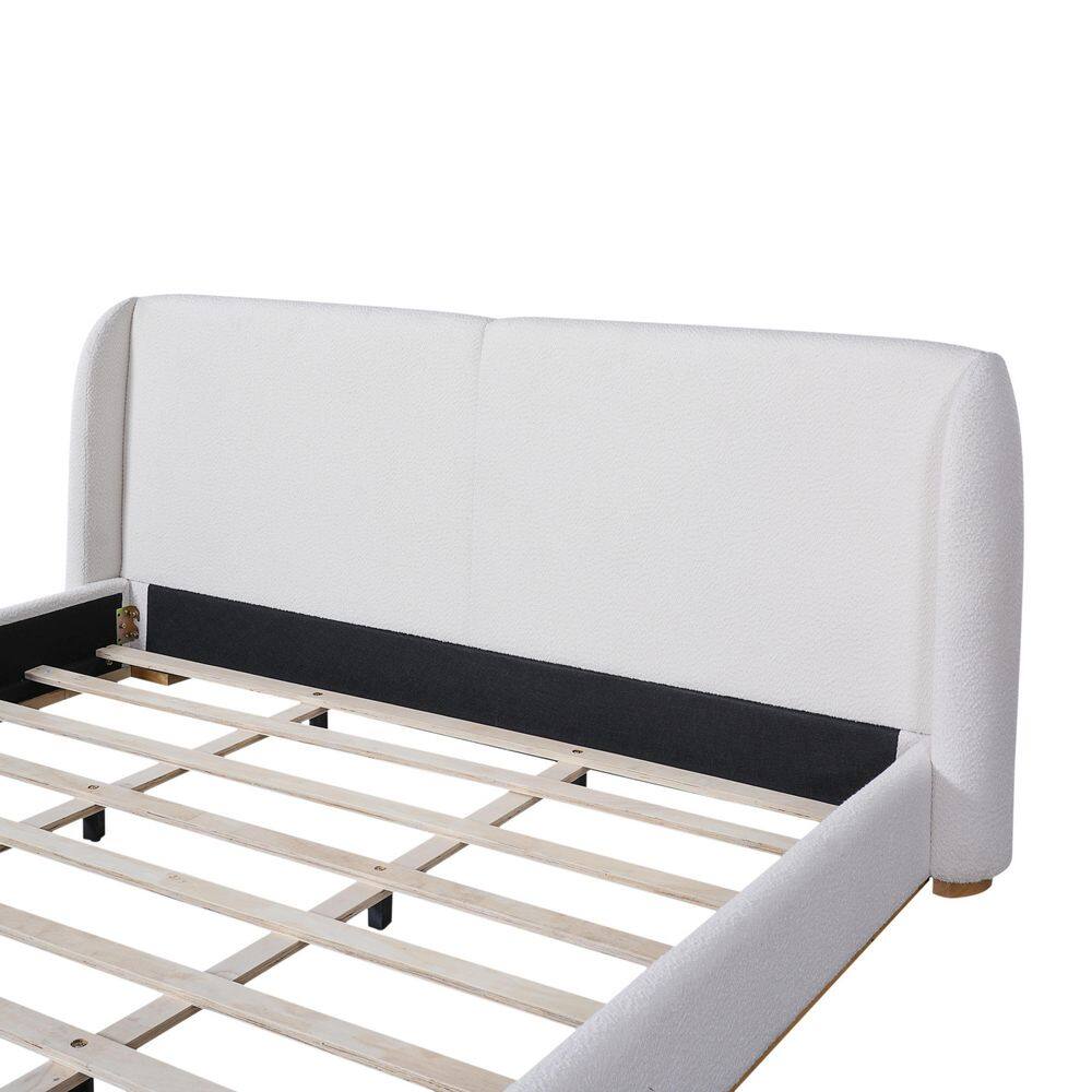 White Wood Frame Queen Size Boucle Upholstered Wingback Headboard Platform Bed with Solid Wood Base - thumbnail 9