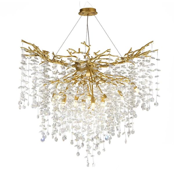 32 in. 10-Light Adjustable Chandelier with Crystal Decoration, Modern Gold Kitchen Island Chandelier, for Living Room