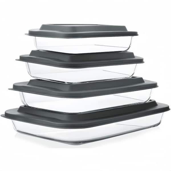 8-Piece Rectangular Deep Glass Baking Dish Pans Set with Plastic lids for Lasagna, Leftovers, Cooking, Kitchen, Gray