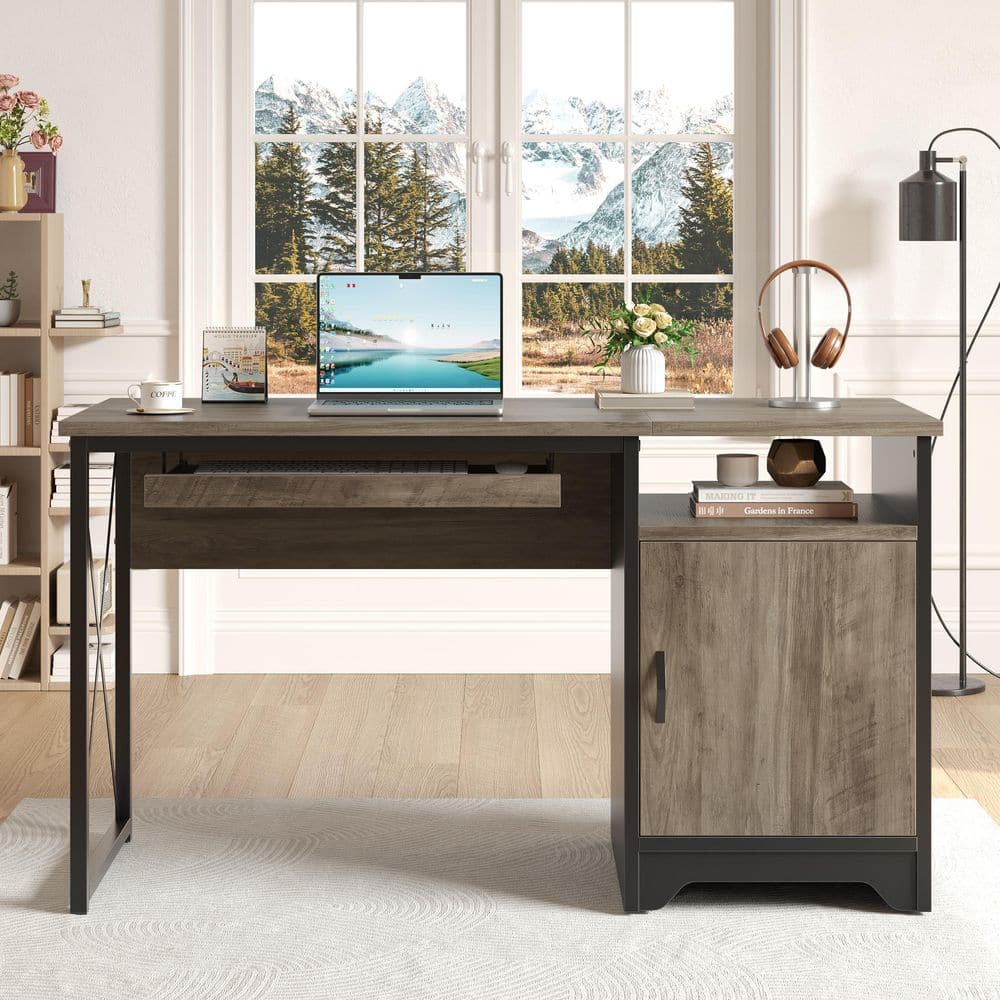 47.2 in. Rectangular Gray Reversible Office Desk with Storage Magnetic Cabinet,Study Writing Desk with Keyboard Tray - Thumbnail 2