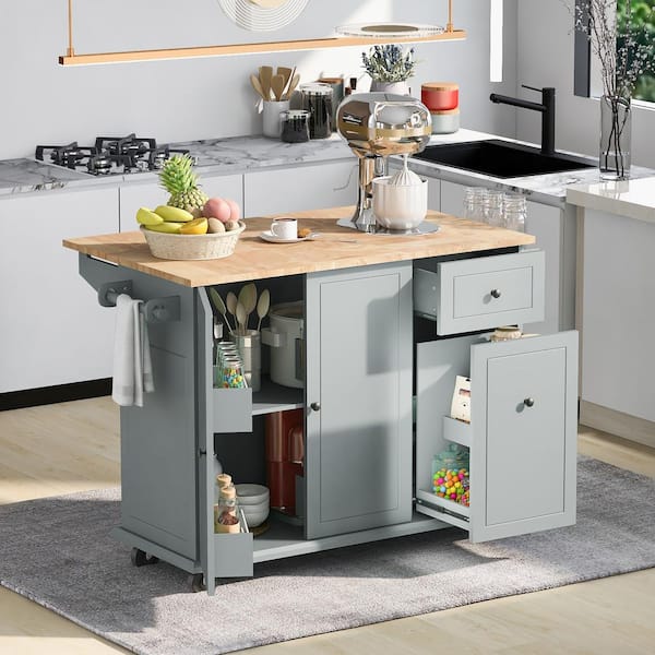 FAMYYT Rolling Gray Drop-Leaf Rubberwood Tabletop 54 in. Kitchen Island with Drawers, with Spice Rack, Towel Rack