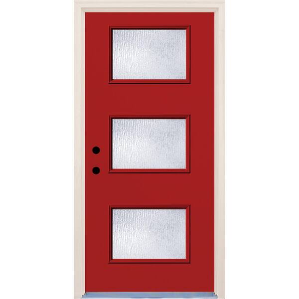 Builders Choice 36 in. x 80 in. Right-Hand Engine 3 Lite Rain Glass Painted Fiberglass Prehung Front Door with Brickmould