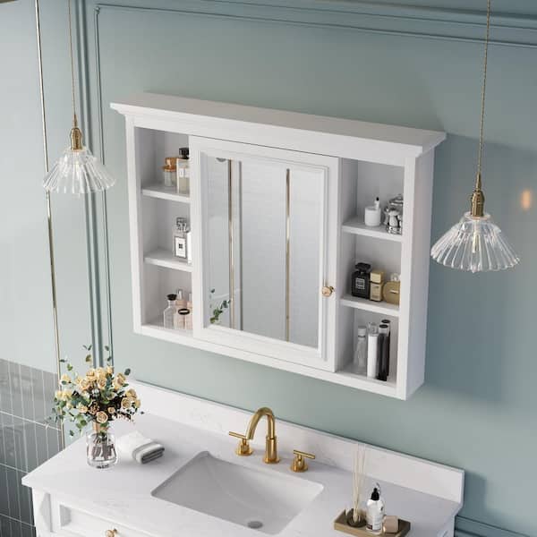 40 in. W x 30 in. H Rectangular Surface Mount Solid Wood White Medicine Cabinet with Mirror Left open