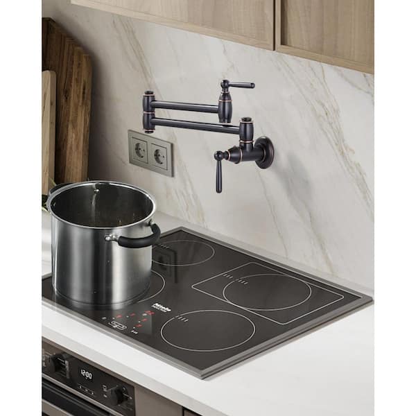 Retro Wall Mounted Brass Pot Filler Stretchable Kitchen Faucet with Double Joint Swing Arm in Oil Rubbed Bronze