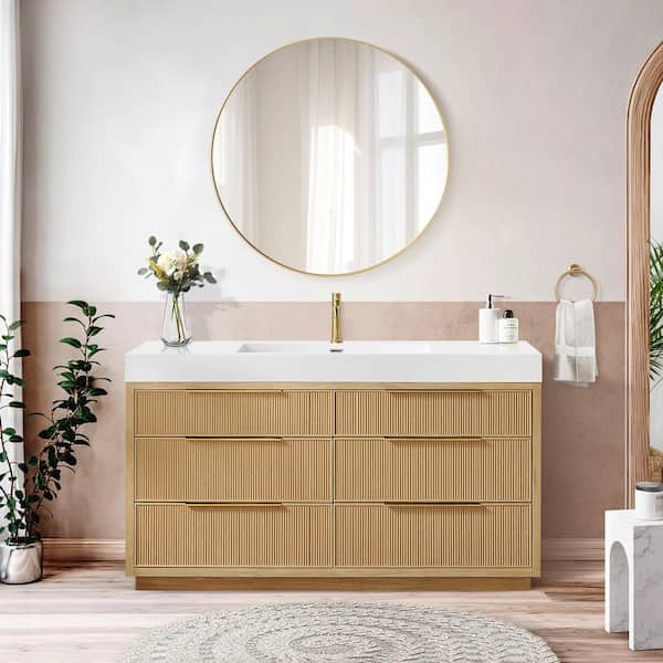 Hohhot 59.8 in. W x 19.7 in. D x 33.8 in. H Single Bath Vanity in Washed Ash Grey with White Engineered Stone Top