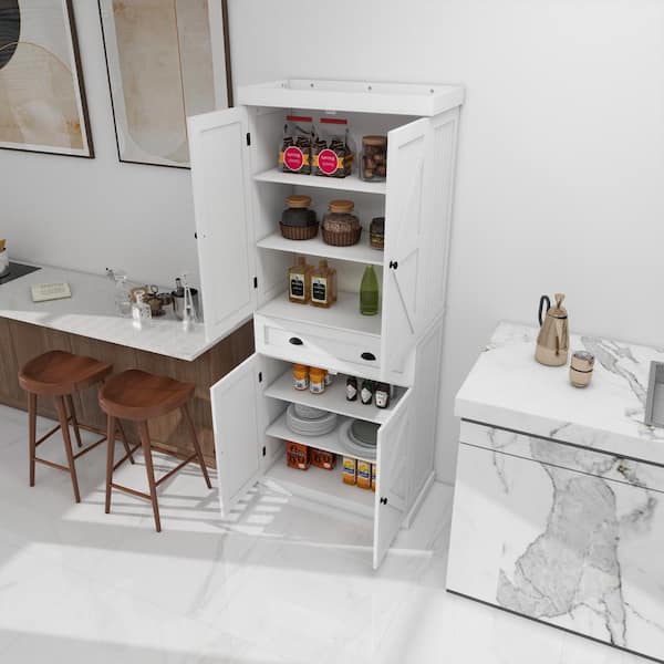 FUNKOL 29.92inx15.75nx71.65in White Mi-character MDF Kitchen Cabinet with 4 Doors, 1 Drawer and 2 Adjustable Shelves