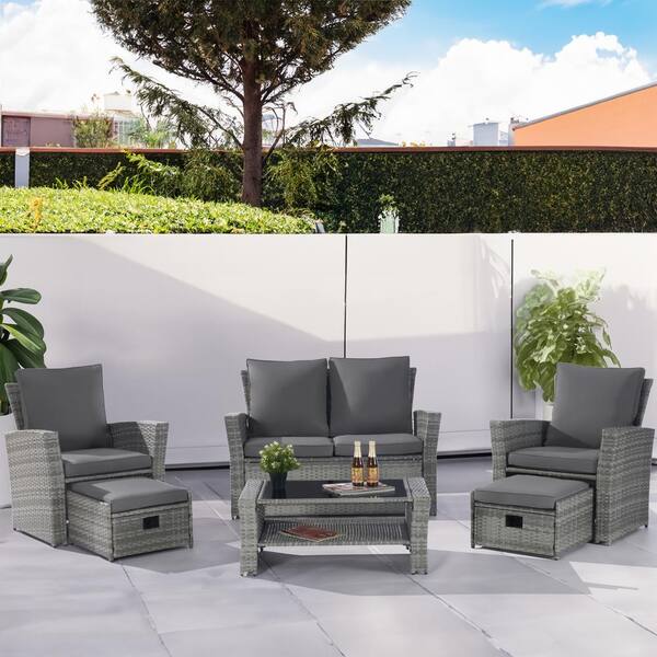 SANSTAR 6-Piece Wicker Patio Conversation Set Rattan Seating Set Loveseat Sofa Chair Ottoman with Gray Cushions
