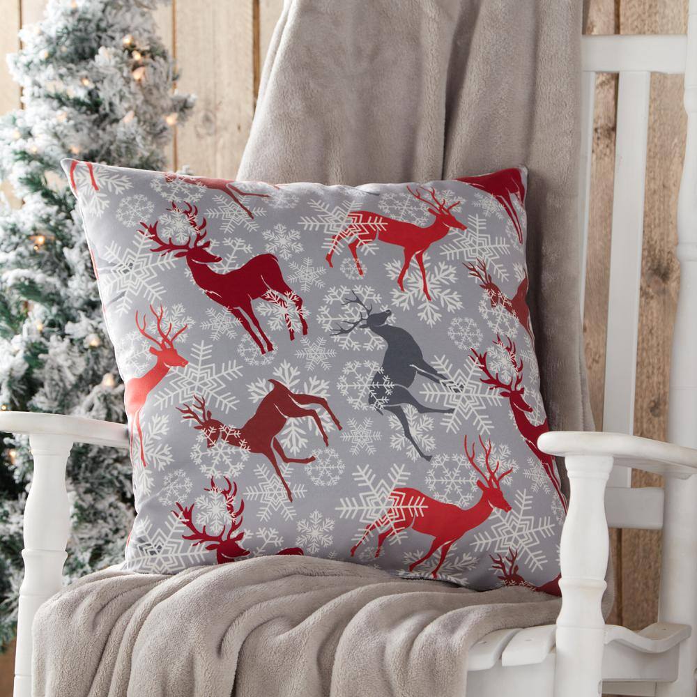 Gray and Red Reindeer Cotton Holiday Throw Pillow