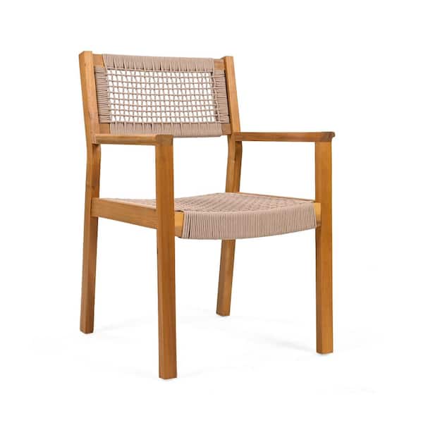 Unbranded Outdoor Braided Dining Chair Set of 2 - Teak Finish Acacia Wood Plus Light Brown Rope - Easy Installation
