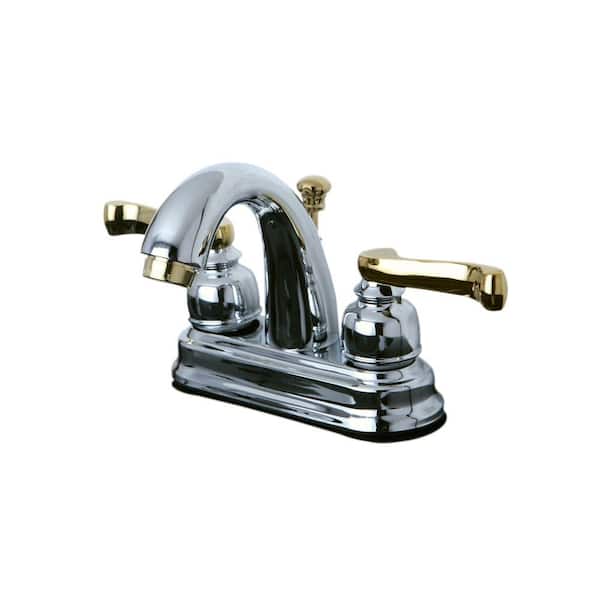 Kingston Brass French Scroll 4 in. Centerset 2-Handle Mid-Arc Bathroom Faucet in Polished Brass and Chrome