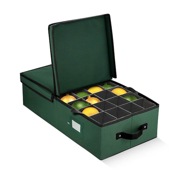 OSTO 6 in. Green 600D Polyester Holiday Ornament Storage Box with Trays 64-Ornaments