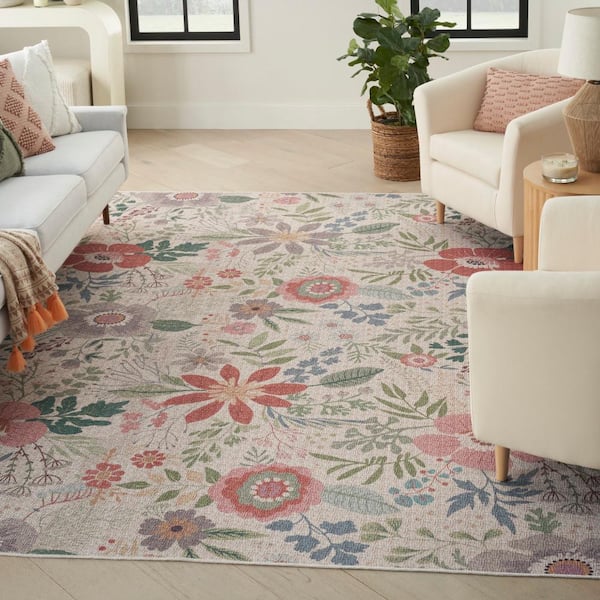 Washables Cream Multicolor 4 ft. x 6 ft. Botanical Traditional Area Rug