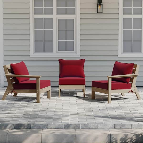 Birchwood Weathered Wood Arrangeable Outdoor Patio 3-Piece Deep Seating HDPE Sofa Arm Chair Set w/ Red Cushions