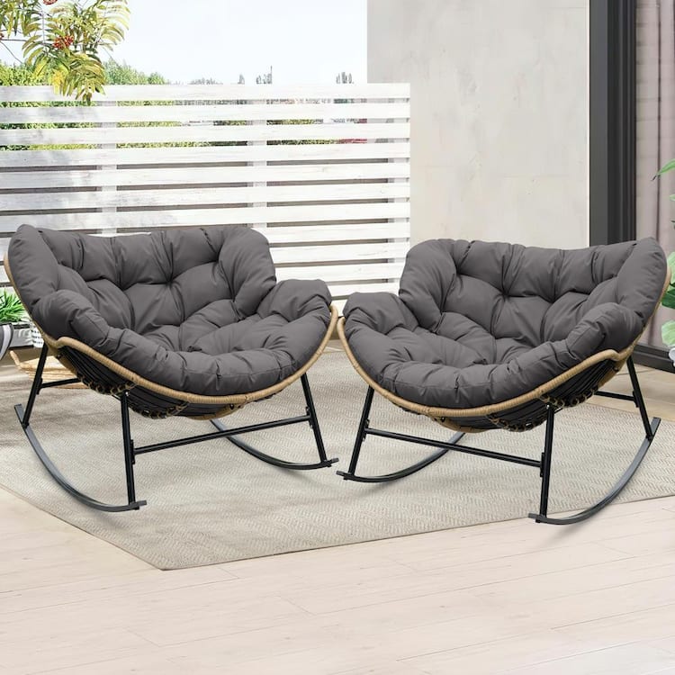 FINCATI Oversized Beige PE Wicker Outdoor Rocking Chair Papasan Chair with Gray Cushion (2-Pieces)