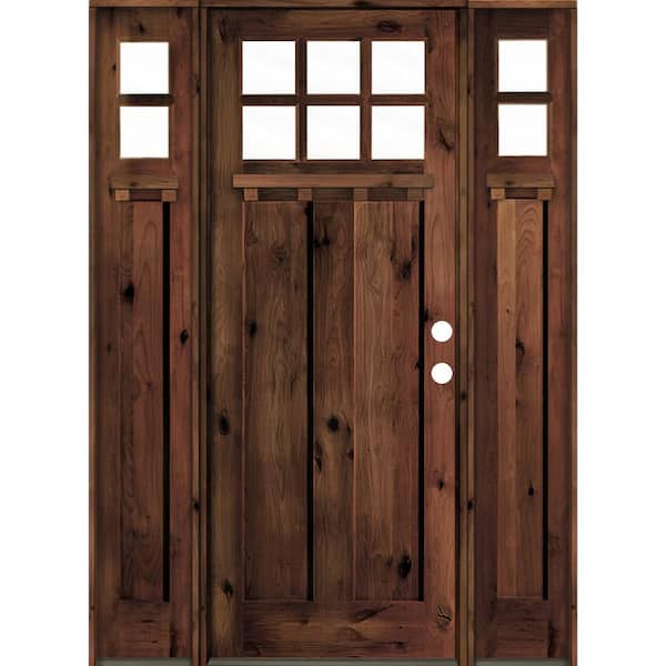Krosswood Doors 64 in. x 96 in. Craftsman Alder Clear 6-Lite Red Mahogany Stain Wood w.DS Left Hand Single Prehung Front Door/Sidelites