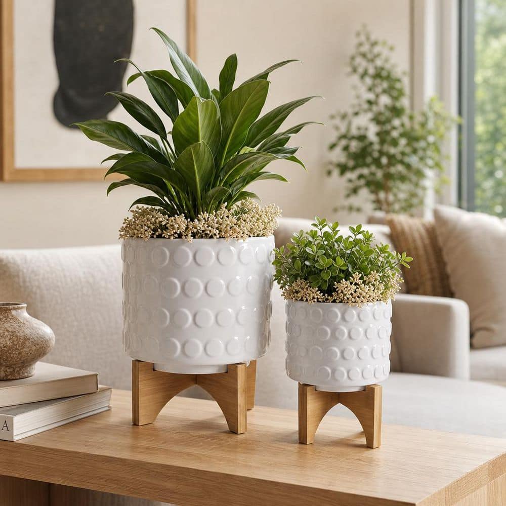 Liv & Skye 8 in. and 5 in. White Ceramic Planter with Bamboo Wood
