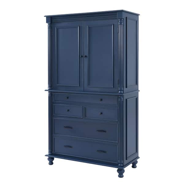 Javern Modern Blue 77.3 in. Freestanding Kitchen Pantry Accent Storage Cabinet Cupboard with Shelves and 5 Drawers
