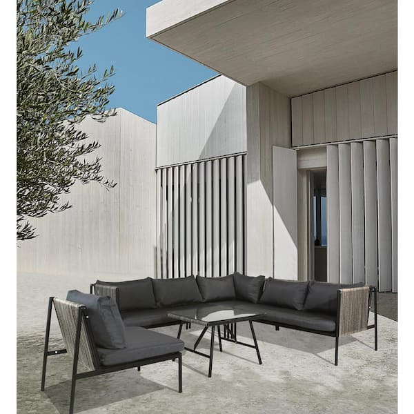 Harper & Bright Designs 5-Piece Black Metal and Wicker Patio Conversation Set with Black Cushions and Glass Top Coffee Table