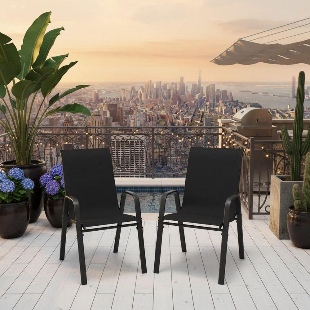 Powder Coated Wide Ergonomic Seat Metal Frame Outdoor Dining Chair Set of 6 in Black Durable Construction price history on PriceWatchPro