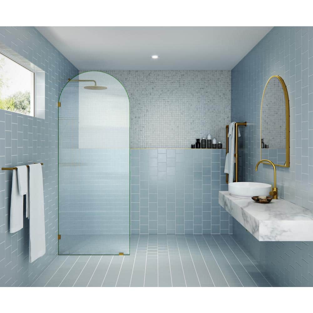Maven 32" x 86.75" Frameless Arched Fluted Glass Shower Panel with Satin Brass Hardware