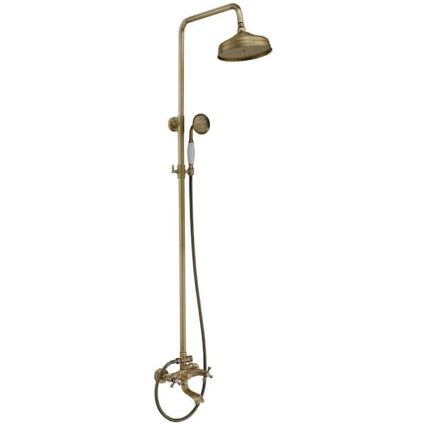 3-Spray Bathroom Outdoor Wall Bar Shower Kit with Tub Faucet and Double Cross Handle in Antique Brass (Valve Included)