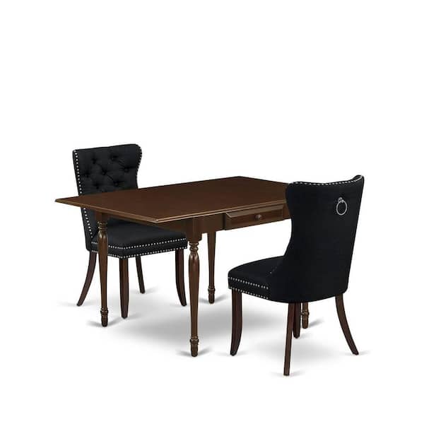 East West Furniture 3-Piece Mahogany Finish Rectangular Solid Wood Top with Dropleaf Dining Table Set