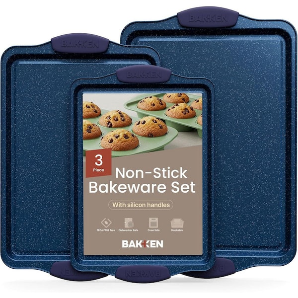 3-Piece Nonstick Coating, Carbon Steel Bakeware Sets with Blue Silicone Handles