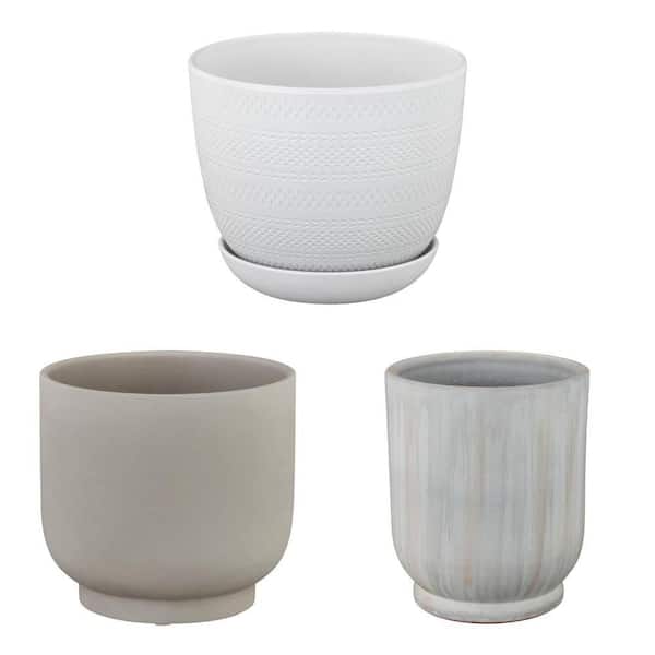 8 in. and 12 in. Contemporary White and Marbled Gray Mixed-Material Planter Set with Drainage Holes (3-Pack) Vigoro