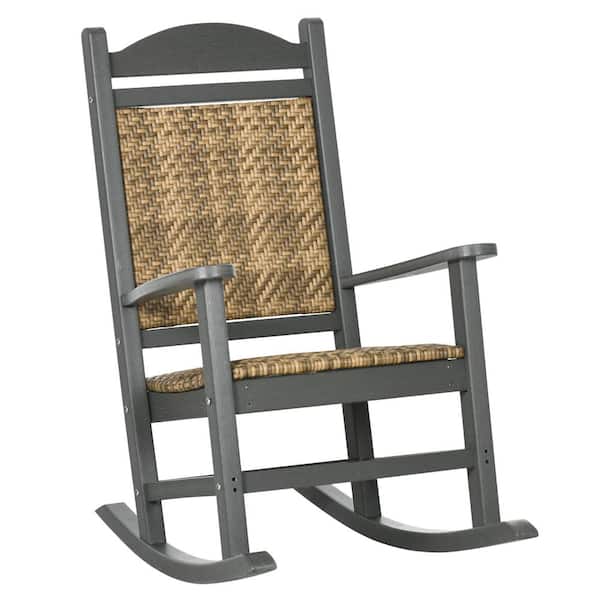 COOLSHARK Fade-Resistant Plastic Frame Outdoor Rocking Chair, Wicker Rocker with w/Soft Padded Seat, Breathable Backrest, Gray