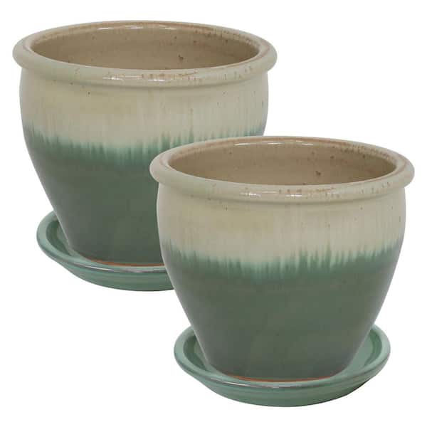 12 in. Round Chalet Planters with Saucers-Seafoam