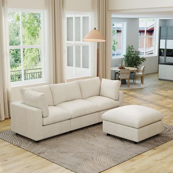 Modular Cloud Couch, 101 in. Square Arm Chenille L-Shaped Sofa w/ Chaise Ottoman,Washable Covers for Apartment in Beige