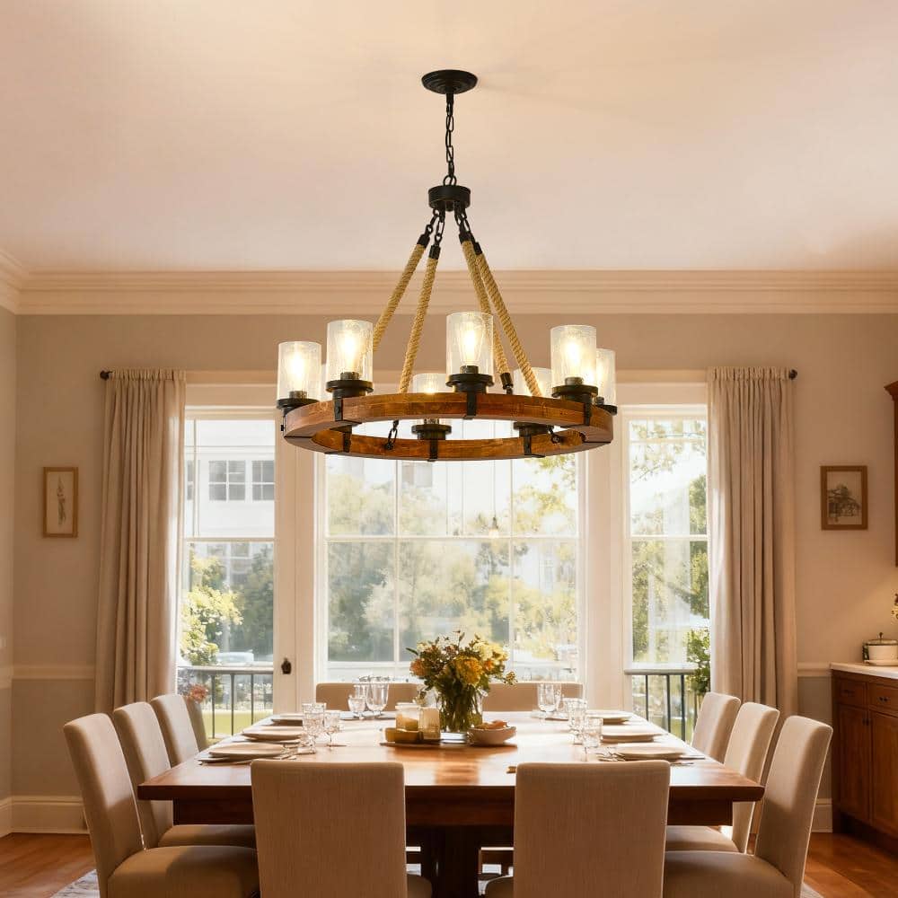 31 in. 8-Light Rustic Wagon Wheel Chandelier with Seeded Glass Shade (No Bulbs) price history on PriceWatchPro