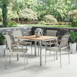 Aruba 5-Piece Steel and Teak Wood Square Outdoor Dining with Taupe Fabric Chairs