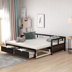 Espresso Twin Size Wooden Daybed with Trundle Bed and 2-Storage Drawers and Extendable Bed Daybed
