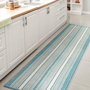 Haynes Modern Double Stripe Aqua/Beige 2 ft. x 8 ft. Indoor/Outdoor Area Rug